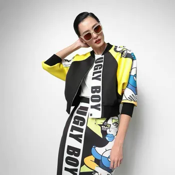 

New Streetwear 2018 Autumn Women's Jacket Patchwork Loose Female Cool Personality Coats Cartoon Letters Printed Outerwear Wrap