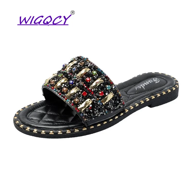 

Bling slippers women 2019 Summer shoes women Fashion Rhinestone Mixed Colors Slides Sweet flat flip flops Slip-On female shoes