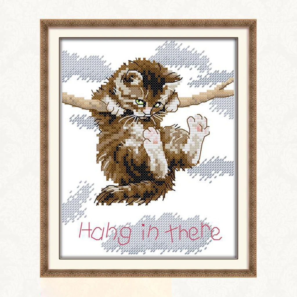 Counted Cross Stitch Kits- Cross Stitch Pattern Cat Hang in There with 14CT Without Pre-printed Fabric