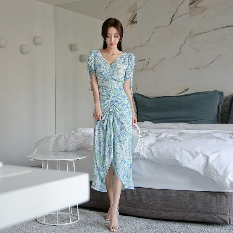 

Plus Size 2019 Short Sleeve Corset Bodycon Midi Dress Women Casual Vintage Long Dress Women Print Floral Drawstring Summer Dress