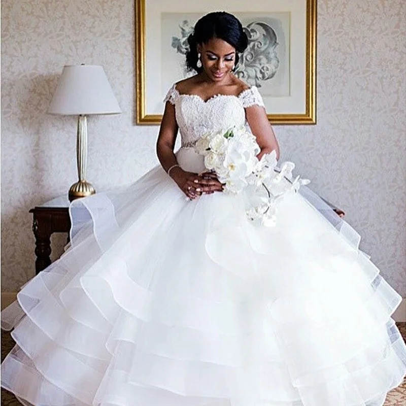 Tiered Ball Gown Wedding Dresses Sexy Off the Shoulder Back Corset