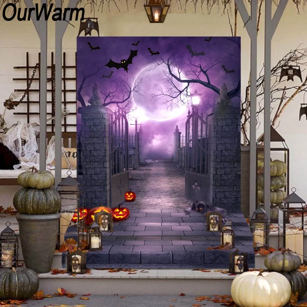

OurWarm 150x220cm Halloween Photo Backdrop Graveyard Door Pumkin Ghost Bat Moon Pattern Background Halloween Decoration Props