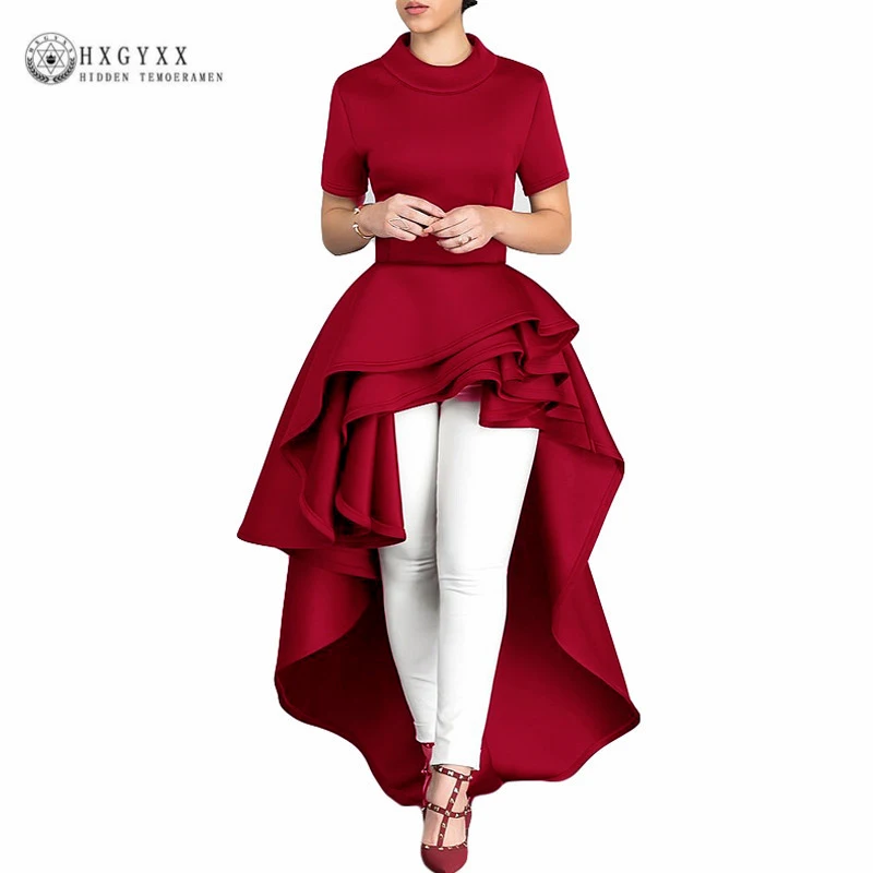 

Irregular Cascading Ruffle Summer Women's Dress Summer Plus Size Solid Color Stand Collar Short Sleeve Party Dresses 2019 okb783