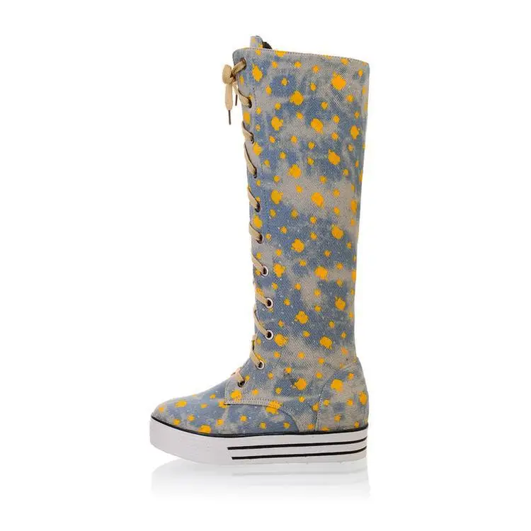 

spring autumn floral women boots 2017 knee high lace up long boots flat elevator  denim shoes knee high sxq0604