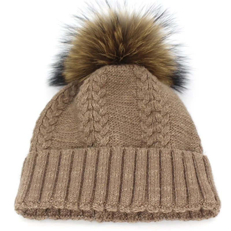 Женская зимняя Теплая вязаная шляпа из натурального меха с помпонами, шапка Skullies, лыжные шапочки, шапки с меховым помпоном, капот вязаный крючком, Красная шапка