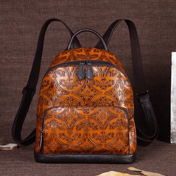 

High Quality Women Genuine Leather Rucksack School Book Bag Natural Skin Daypack Vintage Travel Knapsack Embossed Backpack