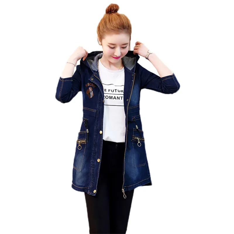 

Spring Autumn Denim Jacket Women Slim Medium Long Base Coat Women Navy Blue Plus size Denim Jackets Hooded Coats Cool 5XL JIA89
