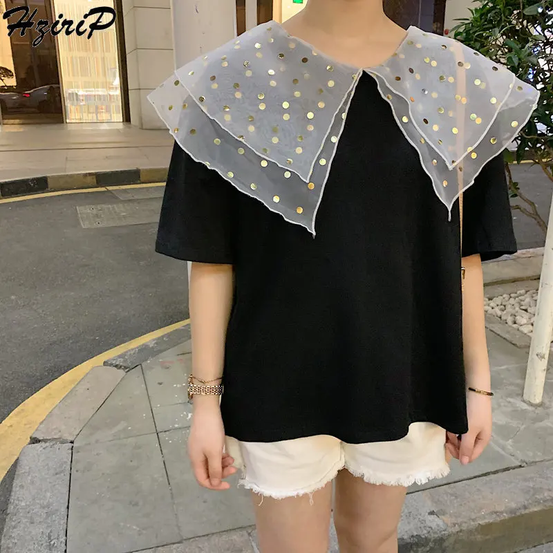 

HziriP 2019 Korean Chic Appliques Cotton Double-Layers Female Casual Vintage Short Sleeves New Loose Casual T-Shirts 3 Colors