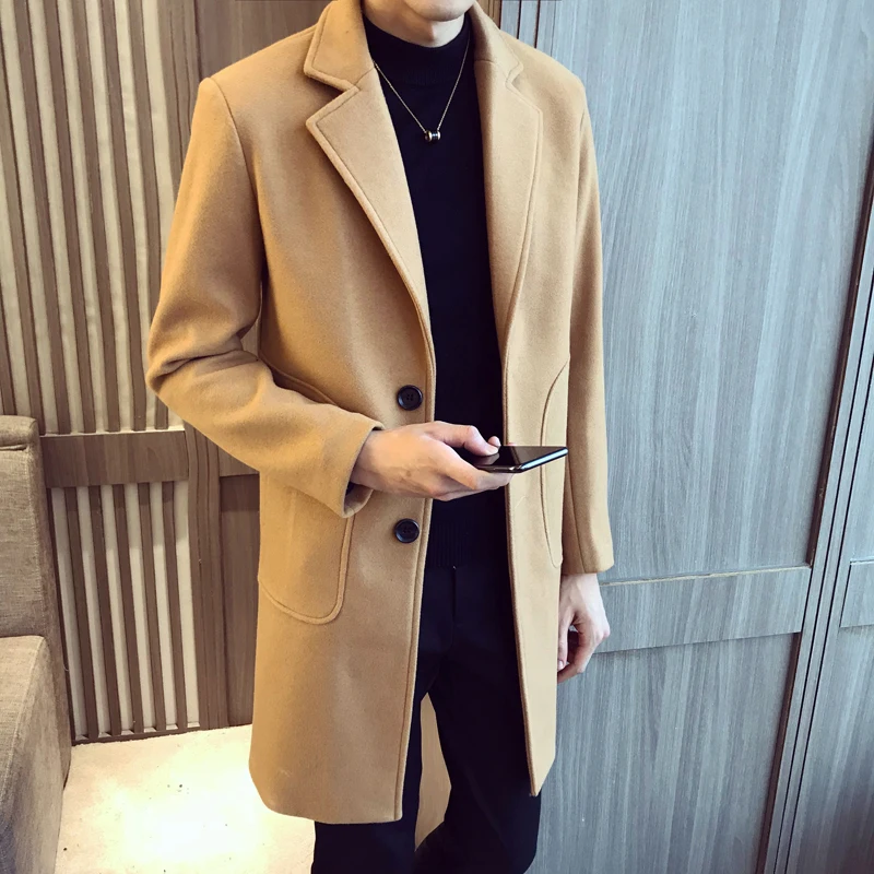 Pure Color Wool Men Long sleeved Woolen Coats Size 3XL Slim Elegant