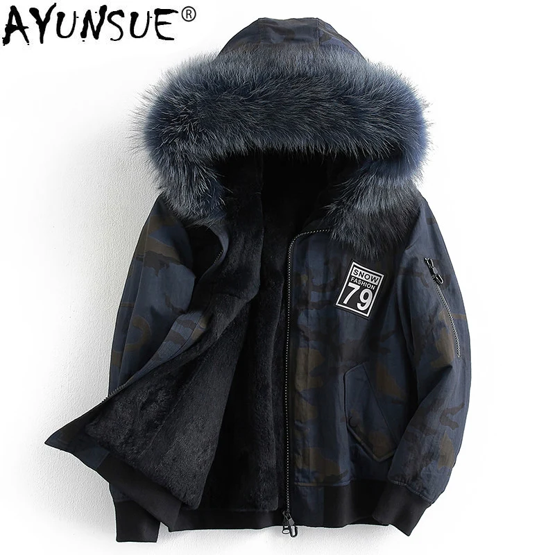 

AYUNSUE Short Parka Real Fur Coat Men Natural Rabbit Fur Liner Jacket Male Racoon Fur Hooded Plus Size Parkas C567A17096 KJ1111