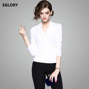 

3XL Size New Tops Fashion 2018 Spring Ladies V-Neck Solid White and Black Color Casual Stretch Tops Blouse Feminino Blusa