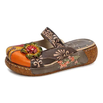 

2019 explosion models leather full leather women's shoes handmade printing retro flat shoes handmade color leather sandals