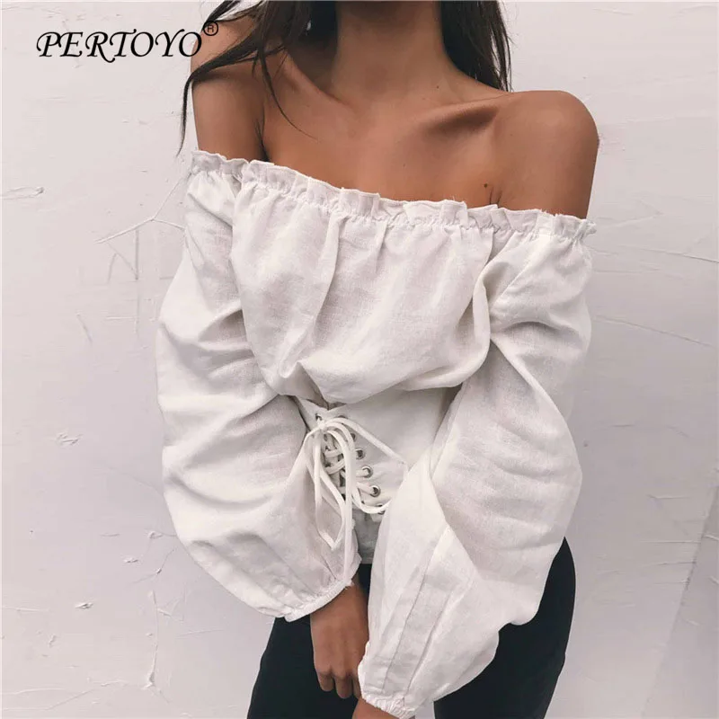 

PERTOYO Autumn Women Long Lantern Sleeve Blouse Shirt Lettuce Edge Ruffles Blusas Lace Up Waist Blusa De Renda Sem Manga