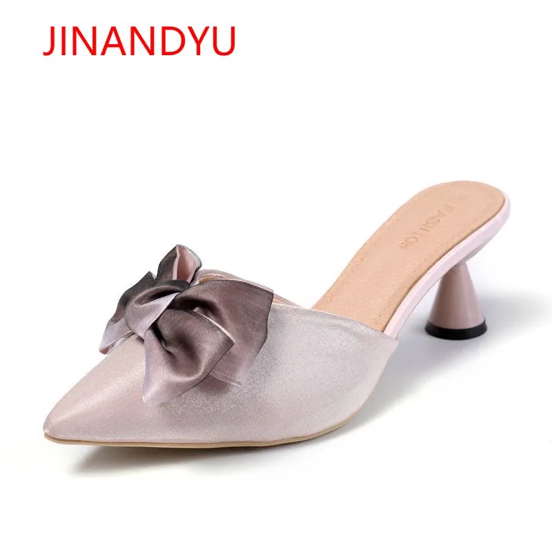 

Women Bow Tie Slipper Pointed Toe 2018 Spring Summer Female Luxury Half Slippers Lady Outside Wear Slides Woman Beach Slippers