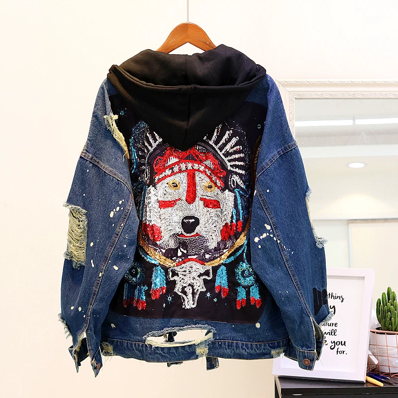 

2019 New Autumn Women's Wolf Totem Bead Sequins Broken Hole Retro Denim Jacket Female Casual Hooded Cowboy Jacket Jeans Coat