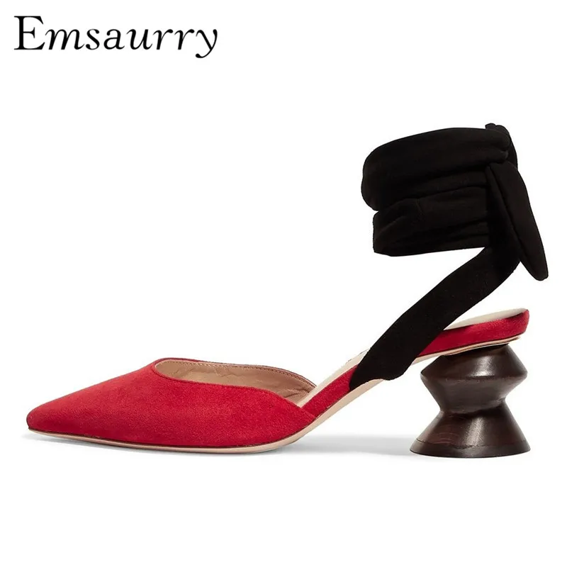 

Novelty Strange Heel Wedding Shoes Sexy Point Toe Cover Toes Ankle Wrap Suede Block Heel Red Sandals Women