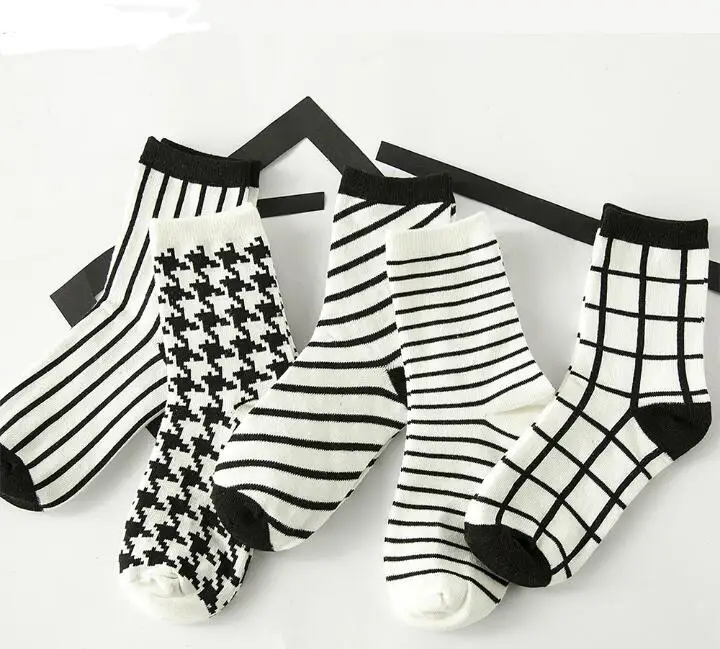 

10sets Women's Classic Houndstooth Check Socks.Cotton Harajuku Ladies Vintage White Black Plaid Socks Stripes Tube Sock Sx Meias