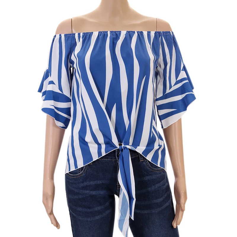 En Ligne Mode Rayé Slash Cou Chemisier Femmes Sexy Off Épaule Tops Casual Manches Courtes En Mousseline de Soie Blouses Blusas WS7606V