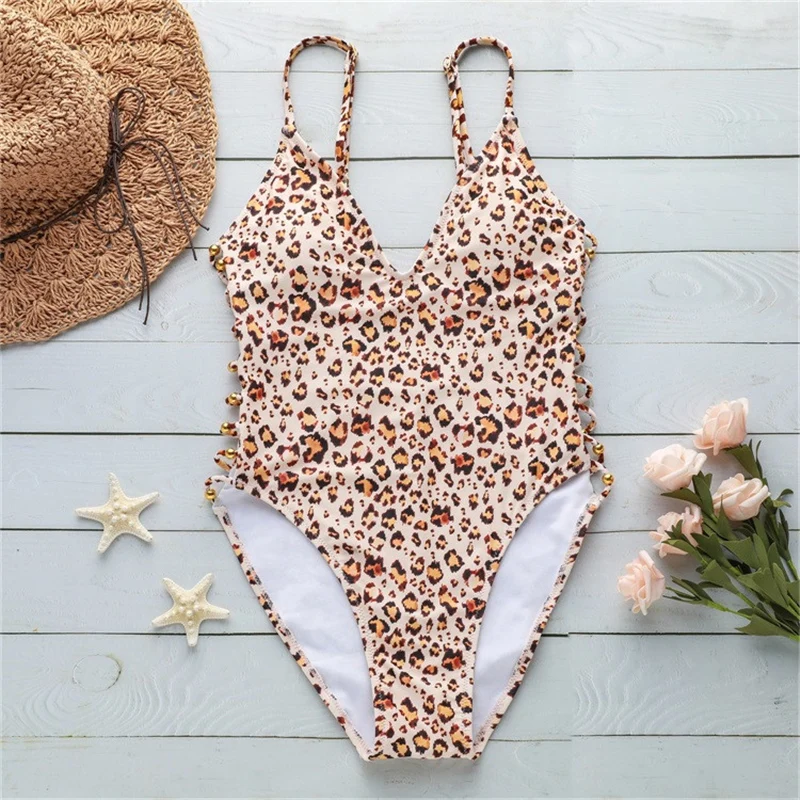 

2019 Sexy Women Leopard Printed Bikini Set Female One Piece Swimwear Suit Laced Sides V Neck Monokini Bandage Beachwear Bodysuit