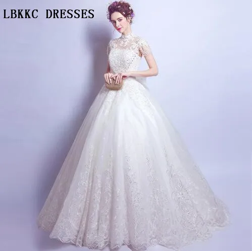 

High Neck Wedding Dresses White Tulle With Lace A Line Robe De Mariee Floor Length Bride Dress Gowns