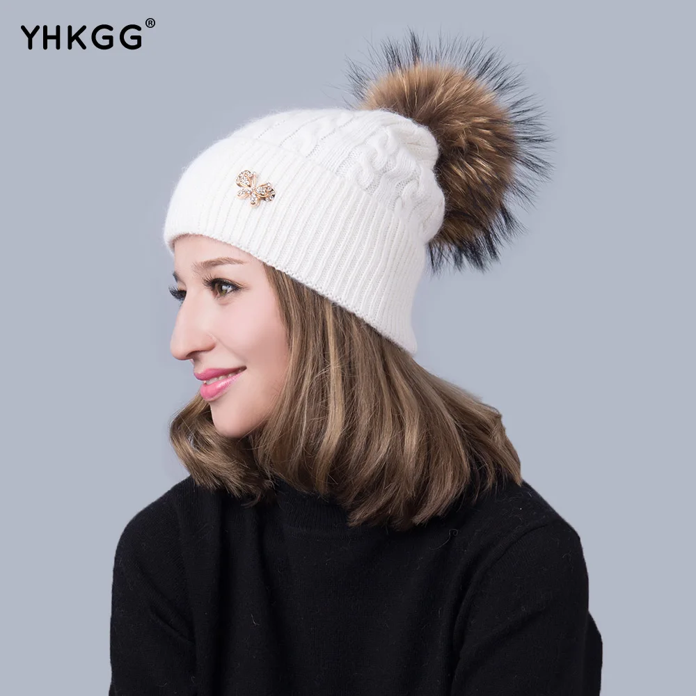 Apparel Accessories Winter Red Removable Fox Bobble Hat For Women Warm Knitted Beanies With Fur Pom Poms.Wool Fur hat