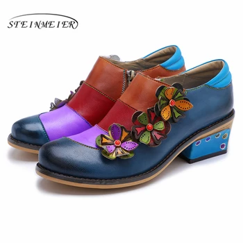 

Women Genuine cow leather Retro lady Pumps casual shoes vintage handmade oxford shoes for women blue 2019 spring