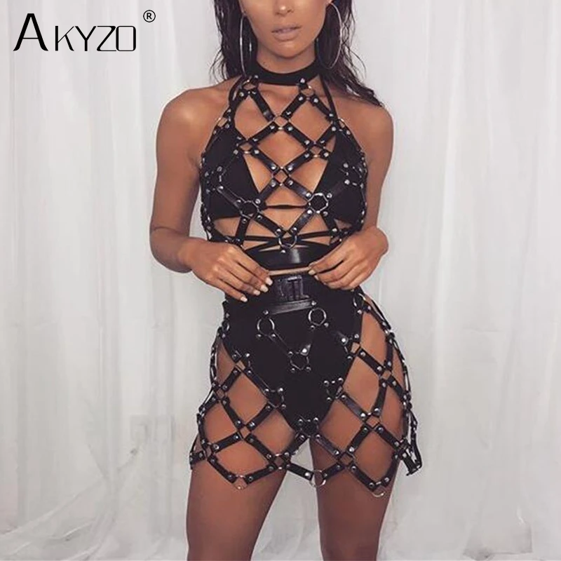 

AKYZO Women Body Harness PU Leather Black Dress Punk Adjustable Garter Belt Hollow Out Weaved Belt Backless Dress 2 Piece Set