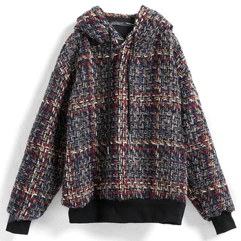 

Large size Plaid weave hoodie female 2019 spring autumn new Korean casual fashion wild loose hooded chic pullover top women z88