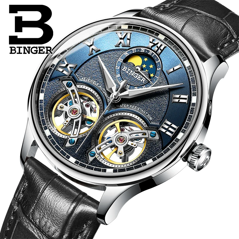 

Switzerland Luxury Brand BINGER Skeleton Automatic Mechanical Men's Watches Sapphire Waterproof Moon Phase Luminous B-8606M-0
