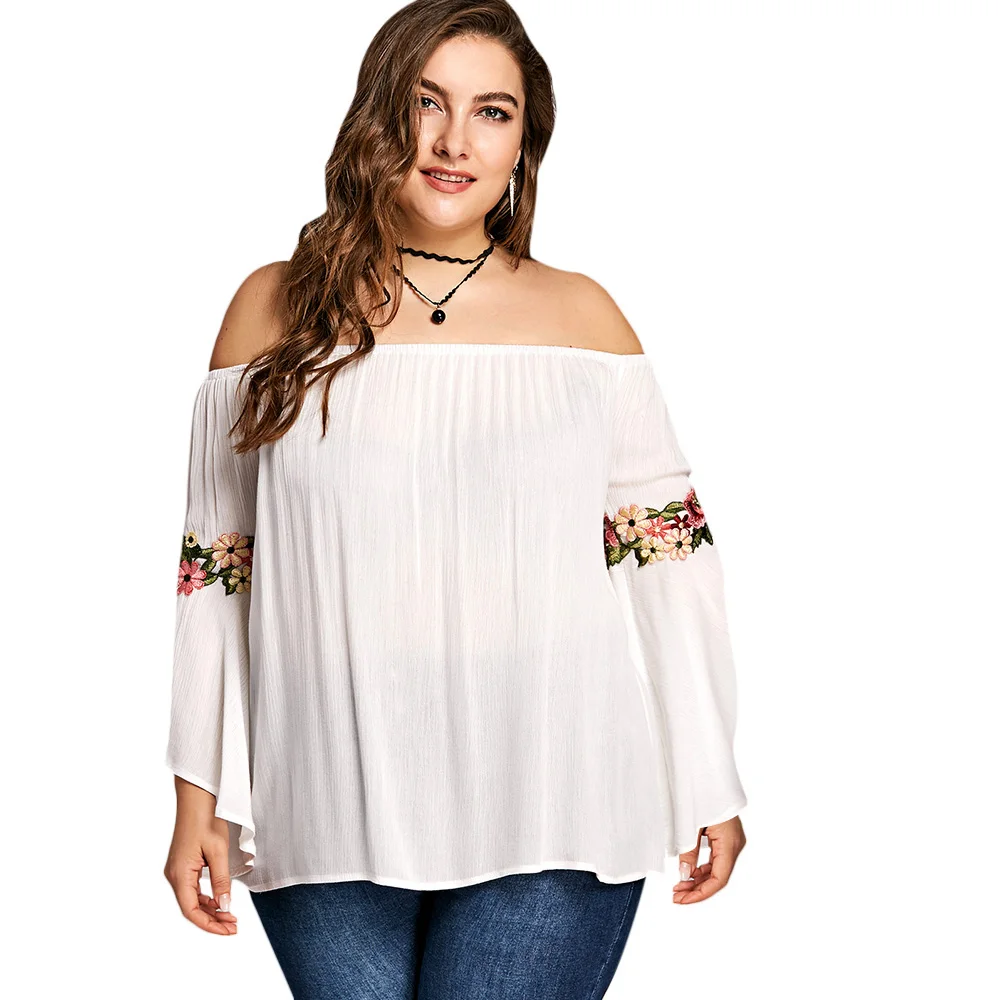 Open Shoulder Embroidery Long Sleeve T-Shirts