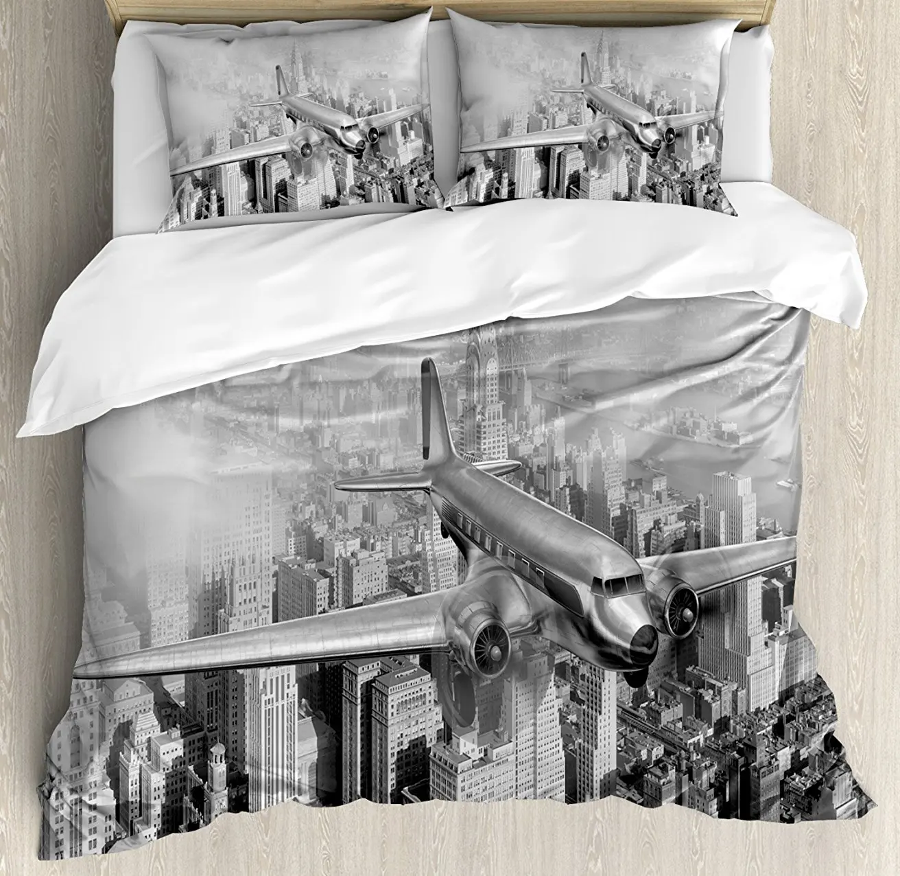 

Vintage Duvet Cover Set, Nostalgic Dated Plane Flying over Skyscrapers in New York City Urban Life, 4 Piece Bedding Set