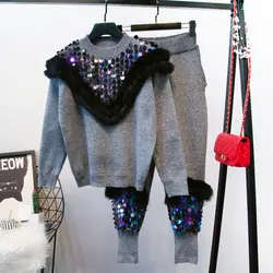 2018 Новый осень-зима Для женщин мех шить с длинными рукавами блесток свитер + трикотажные брюки Двойка повседневные штаны костюм