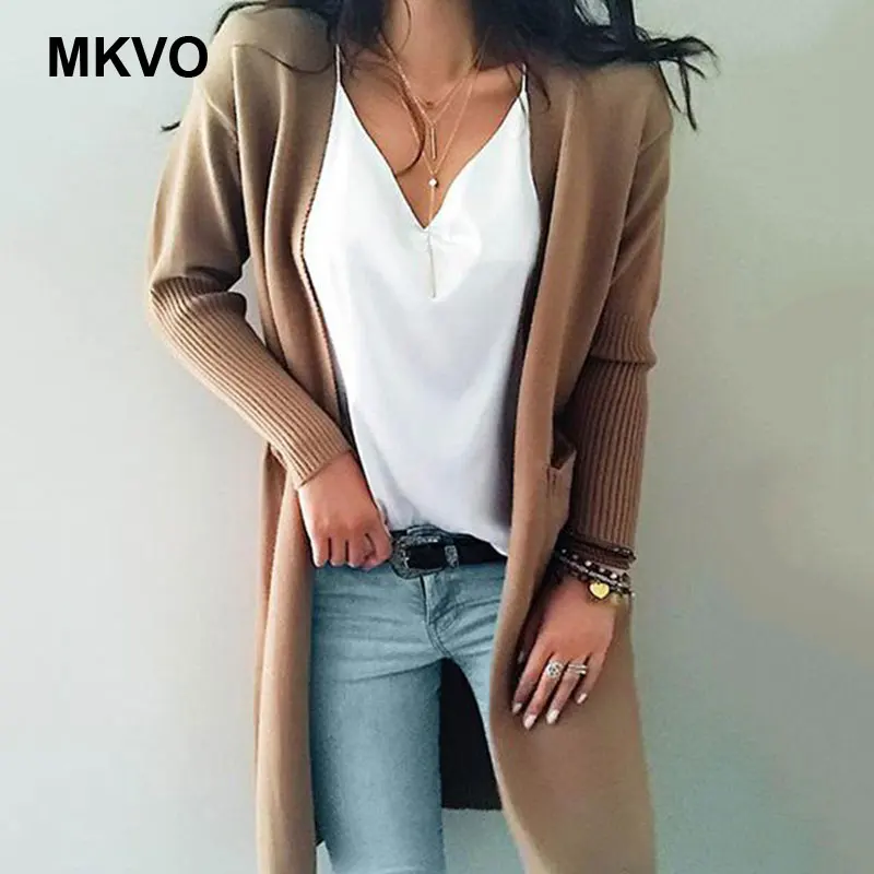 

2019 autumn and winter long double-pocket sweater women's knit cardigan fashion casual solid color lady Cardigan Pull Femme XL