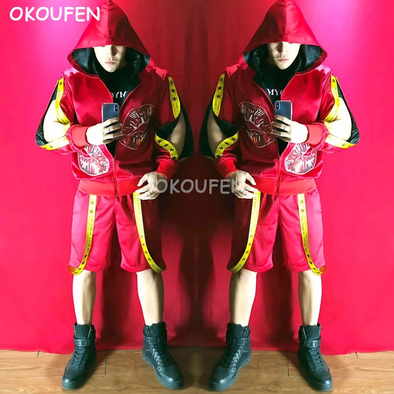 Nightclub Male Singer DJ Satin Red Lips Split Costumes set Hip Hop dancer stage show Performance Jacket shorts Christams |