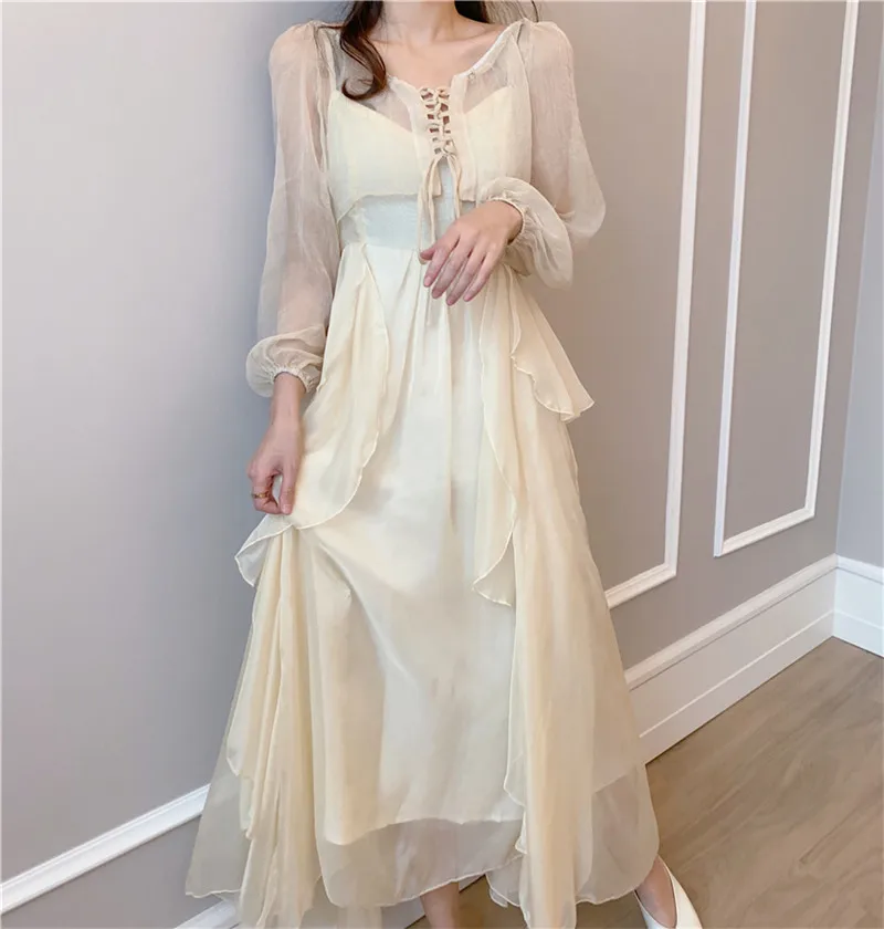 

Women Summer Fashion Chiffon Dress Two Piece Holiday Fairy Beach Dress 2pc Spaghetti Straps Dress&Sun Protection Shirts Sets