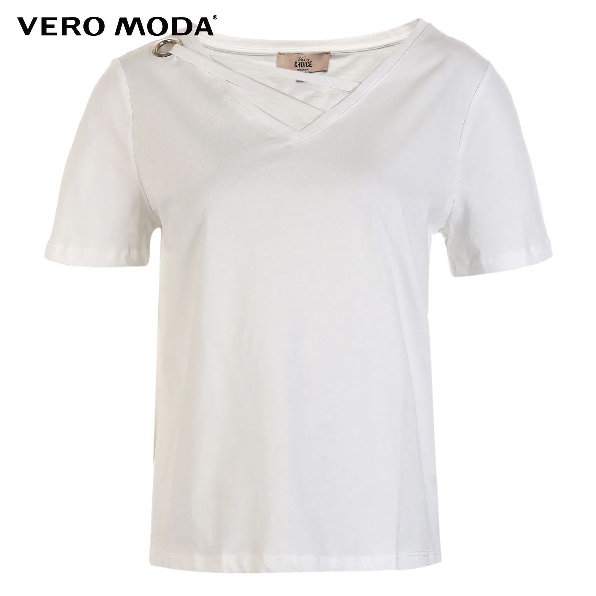 Vero Moda футболка женская хлопок чистый цвет воротник Декоративная полоса Повседневная футболка с коротким рукавом | 318101523