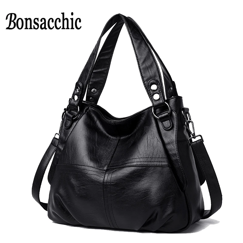 

Bonsacchic Genuine Leather Hobo Bags Luxury Handbags Women Black Bags Designer Bolsa Feminina Couro Ladys Real Leather Bags Tote