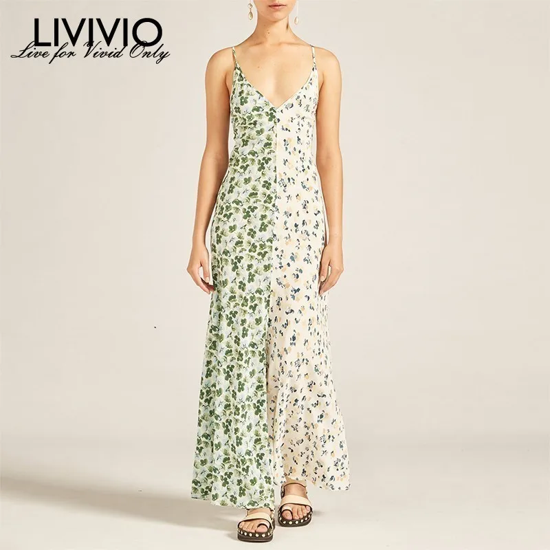 

[LIVIVIO] Patchwork Hit Color Print Women Dress V Neck Sleeveless High Waist Slim Ankle Length Dresses Female 2019 Summer