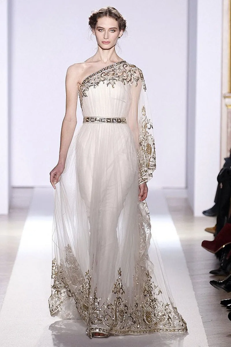 Haute couture um ombro vestido de baile de noite sheer ouro appliqued vestido para festa de casamento - AliExpress