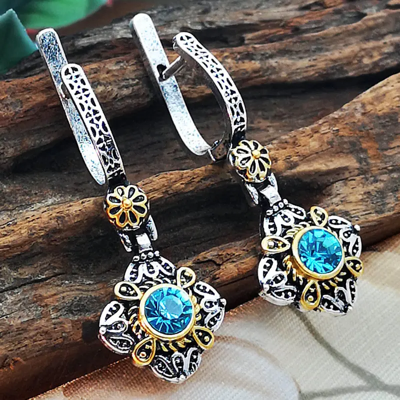 

2019 Bohemian Blue Crystal Zircon Vintage Dangle Earrings for Women Jewelry Wedding Drop Earings Engagement Statement Brincos