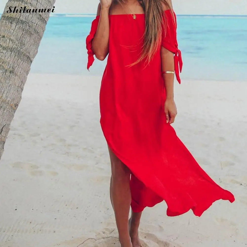 

Sexy Off Shoulder Women Tunic Beach Dress Swim Suit Short Sleeve Solid Red Yellow Summer Maxi Dress 2019 Causal Sexy Robe Femme