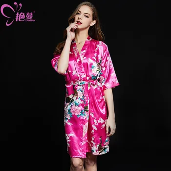 

womens satin silk pajamas bathrobe set sleepwear 2019 spring summer plus size nightwear Household pink floral peacock