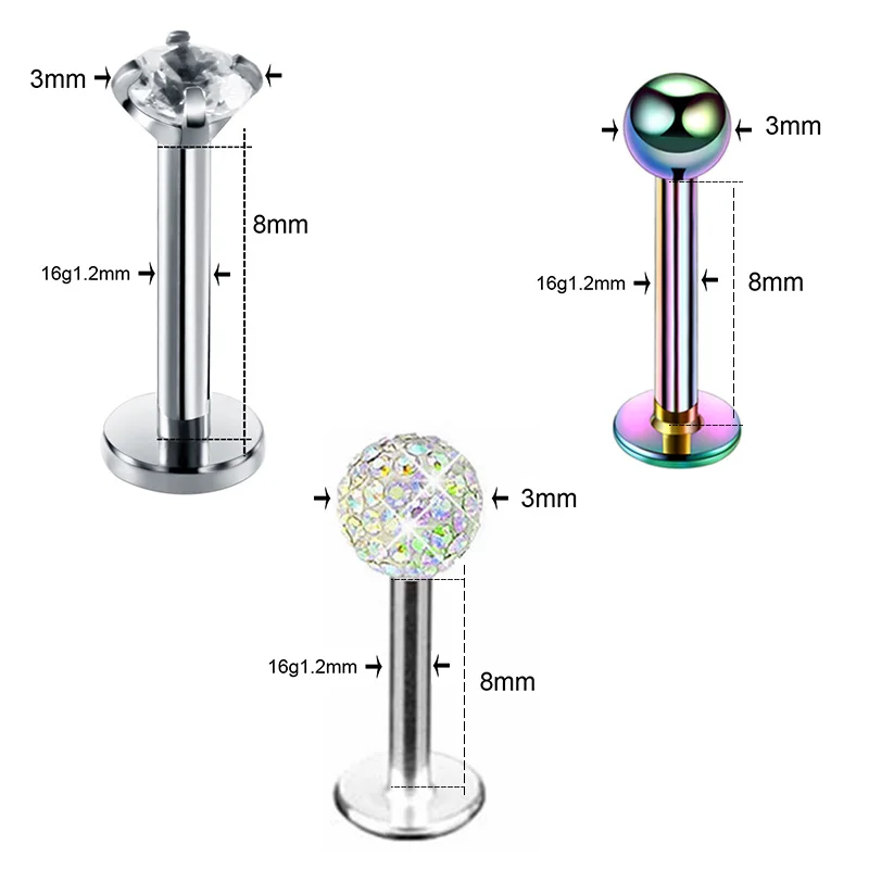1Pcx3 Style Crystal Ball Lip Earring Stud 1.2x6/8x3mm Stainless Steel Labret Piercing Cartilage Tragus Piercing For Piercing Jewelry Body Piercing Jewelry Body Jewelry Ear Piercing Jewelry Body Piercing Earrings Metal Jewelry Ear Studs Body Jewelry