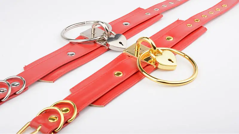 Vintage Red Leather Studded Layered Choker Rivet Silver Punk Kawaii Heart Collars With 60mm O-Round Pastel Goth PadLock Necklace 9