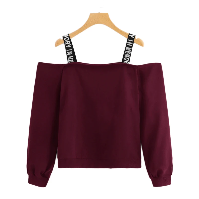 SweatyRocks бордовая толстовка с открытыми плечами и буквенным принтом повседневные Пуловеры Топы Весенняя уличная одежда женские толстовки