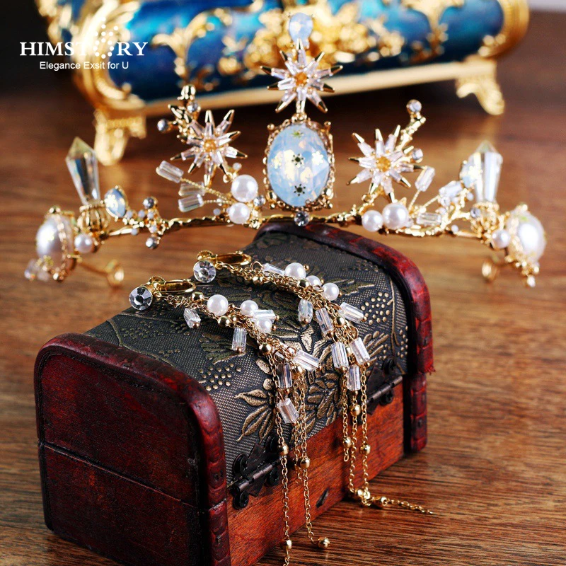 

HIMSTORY 2019 New Baroque Luxury Crystal CZ Bridal Crown Tiaras Light Gold Diadem Tiaras for Women Bride Wedding Hair Accessory