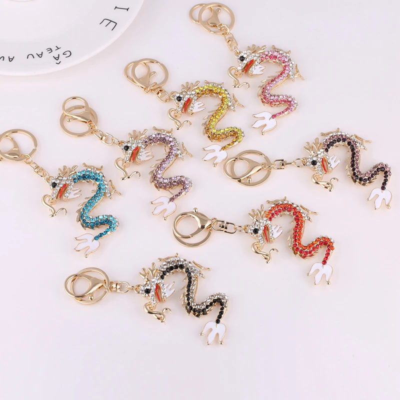 Newest Metal Keychain Zodiac dragon Key ring Holder Crystal Animal