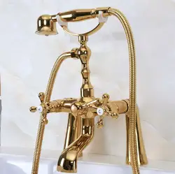 Золото Цвет Латунь Double Cross ручки на бортике Ванная комната Clawfoot ванной кран смесителя w/ручной душ ana151
