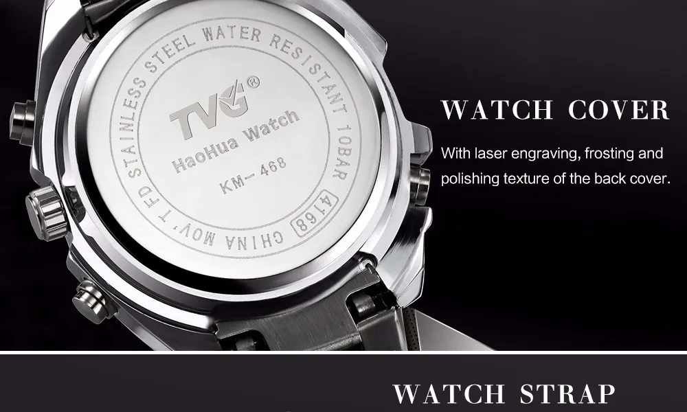 TVG нержавеющая сталь роскошный ремешок модные черные цифровые часы Спортивные Мужские Аналоговые светодиодный двойной часовой пояс 3ATM водонепроницаемый relojes hombre