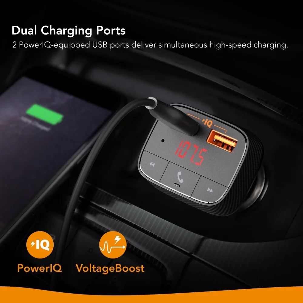 Anker Roav SmartCharge F0 автомобильное зарядное устройство с fm-передатчиком Bluetooth приемник Bluetooth 4,2, 2 usb порта, выход PowerIQ AUX